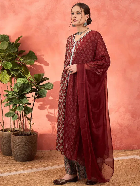 Floral Printed V-Neck Pure Cotton Cotton A-Line Kurta With Palazzos & Dupatta