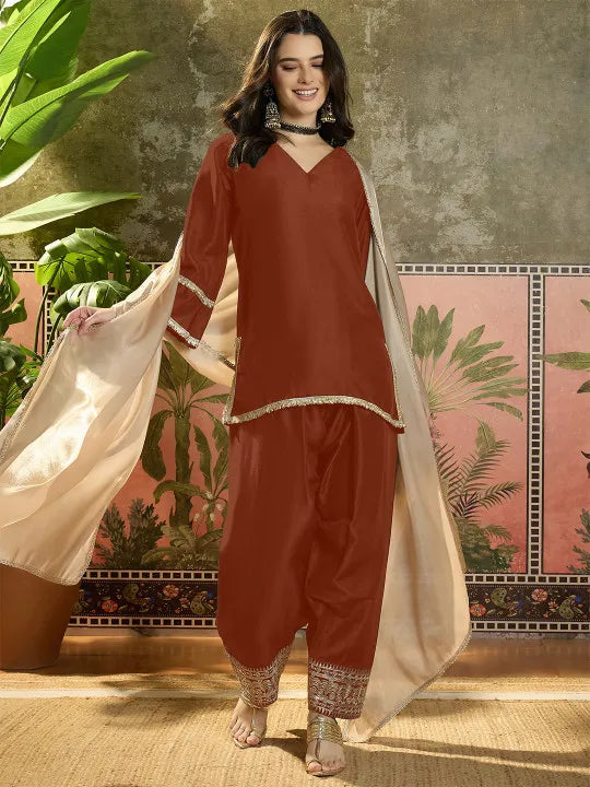 Women Cotton Embroidered Straight Kurta And Farshi Salwar With Dupatta Set