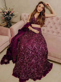 Remarkable Purple Sequins Velvet Party Wear Ruffle Lehenga Choli