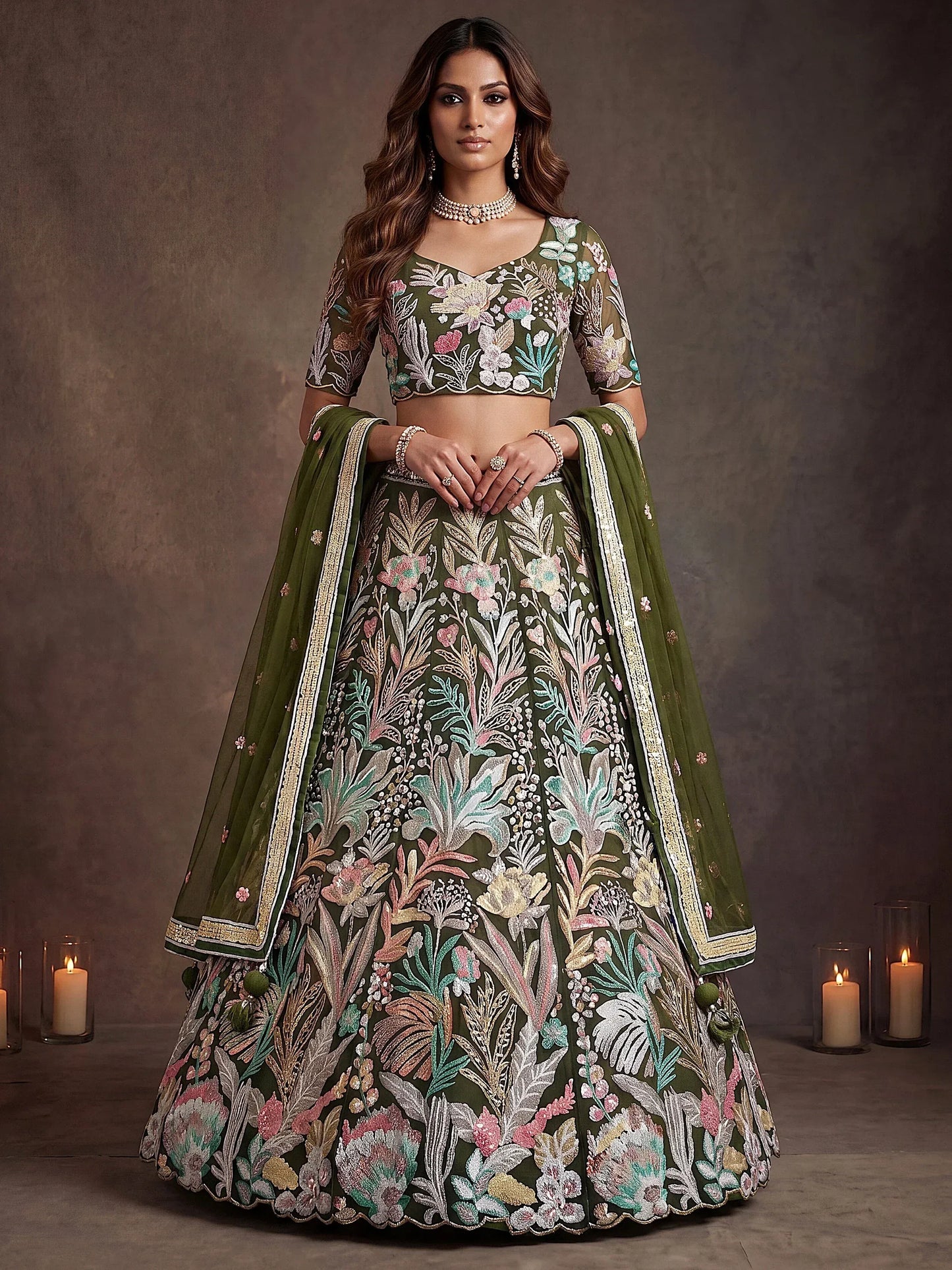 Wine/Olive Green Net Multi-Sequins Engagement Wear Lehenga Choli