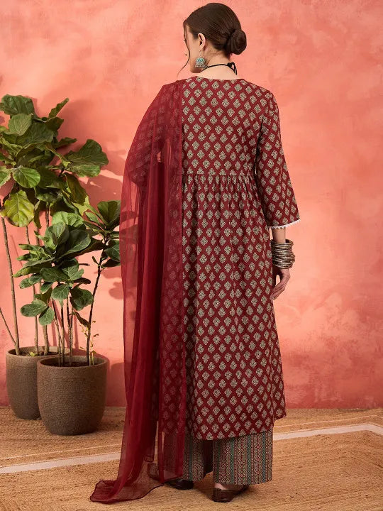 Floral Printed V-Neck Pure Cotton Cotton A-Line Kurta With Palazzos & Dupatta