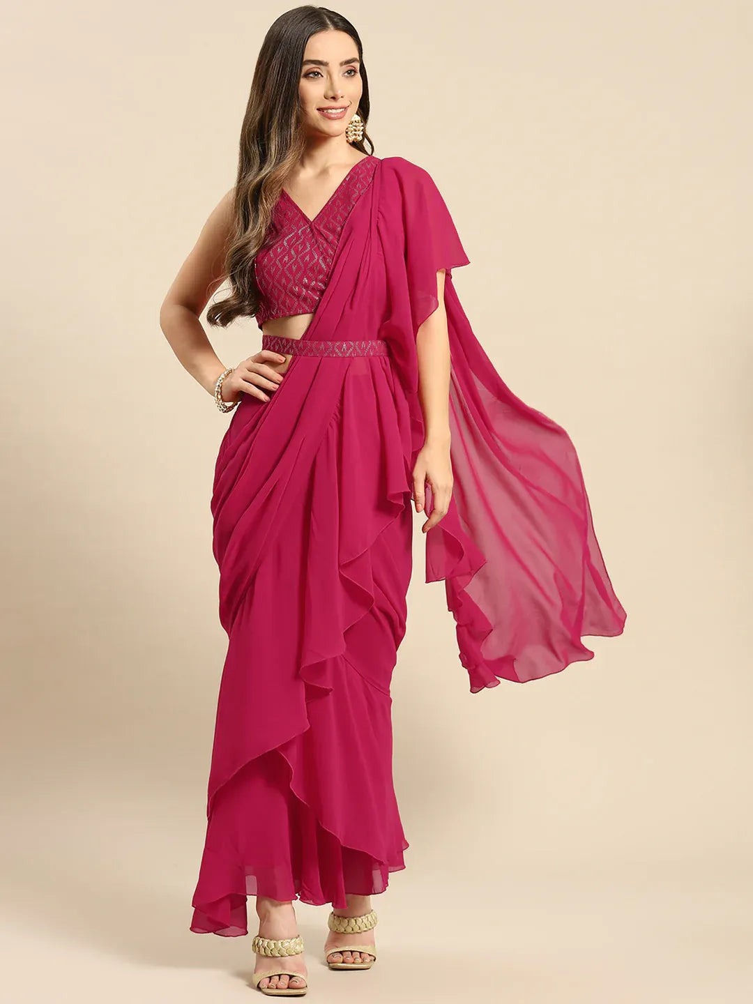 Blouse with prestiched frill Gown with Attached Drape