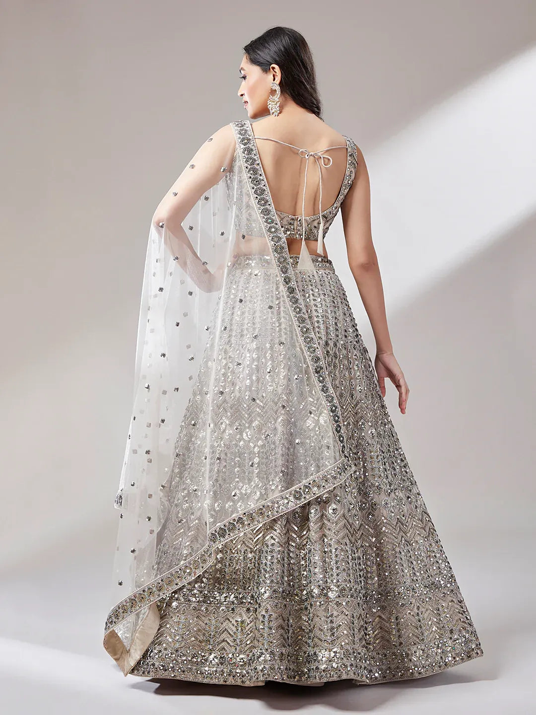 Rose gold and silver net mirror and sequins embroidery semi-stitched lehenga choli with dupatta for women, view 8