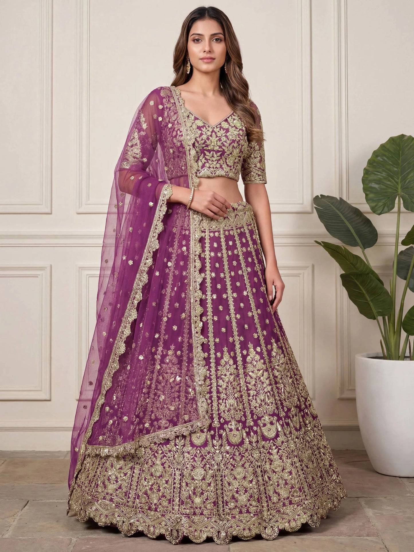Zari Work Net Bridesmaid Lehenga Choli With Dupatta - Pista Green, Purple, Teal Green