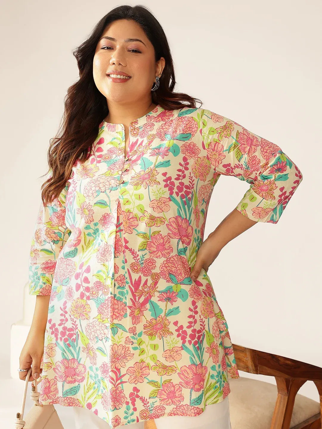 Plus Size Pure Cotton Floral Printed A-line Tunic