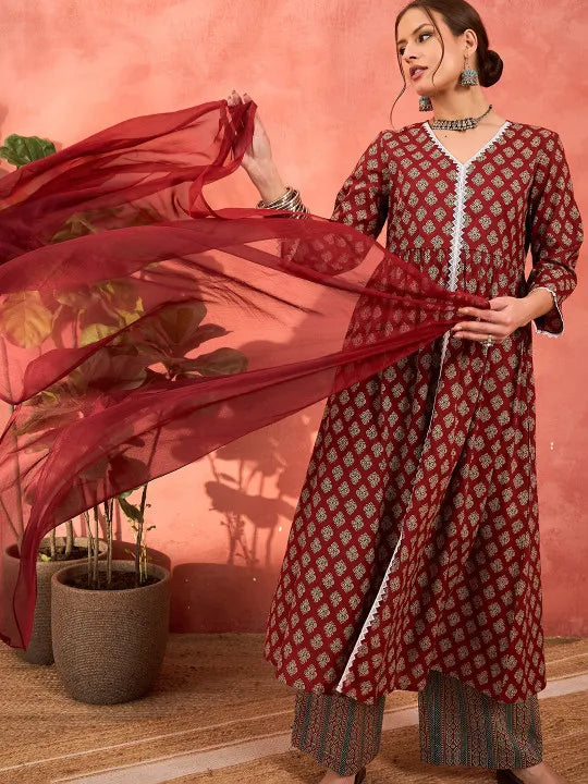 Floral Printed V-Neck Pure Cotton Cotton A-Line Kurta With Palazzos & Dupatta