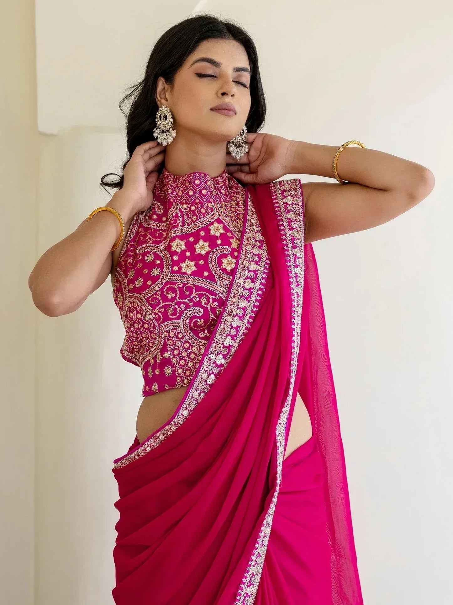 Charming Rani Pink Silk Sequins Embroidered Party Wear Saree