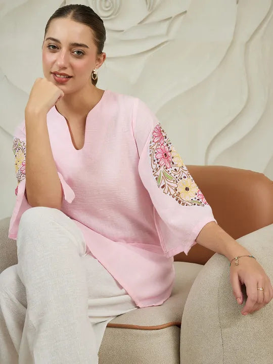 Women Farshi Floral Embroidered U-Neck Pure Cotton Kurti with Salwar
