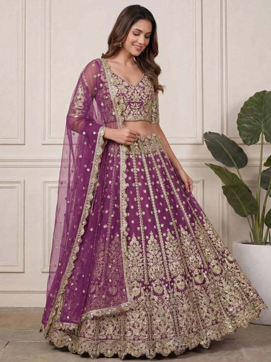 Zari Work Net Bridesmaid Lehenga Choli With Dupatta - Pista Green, Purple, Teal Green