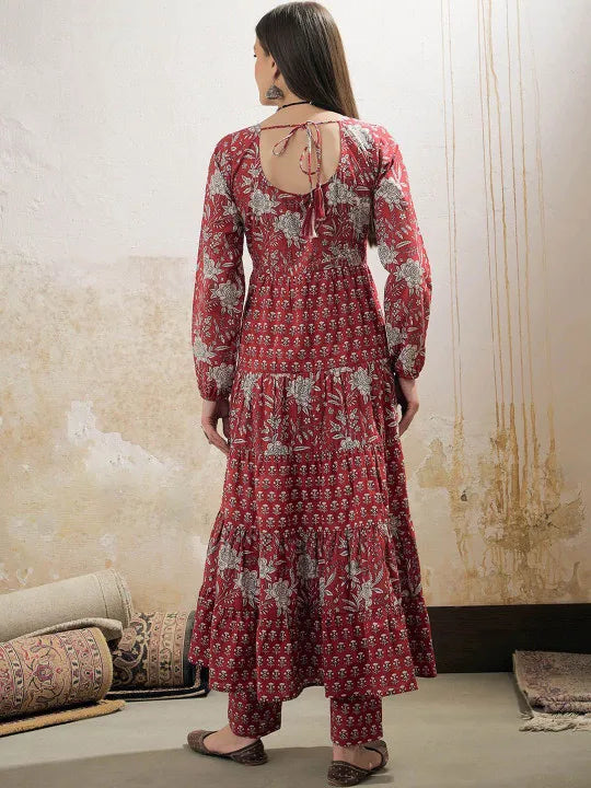 Women Floral Printed Round Neck Tiered Anarkali Pure Cotton Kurta With Trouser