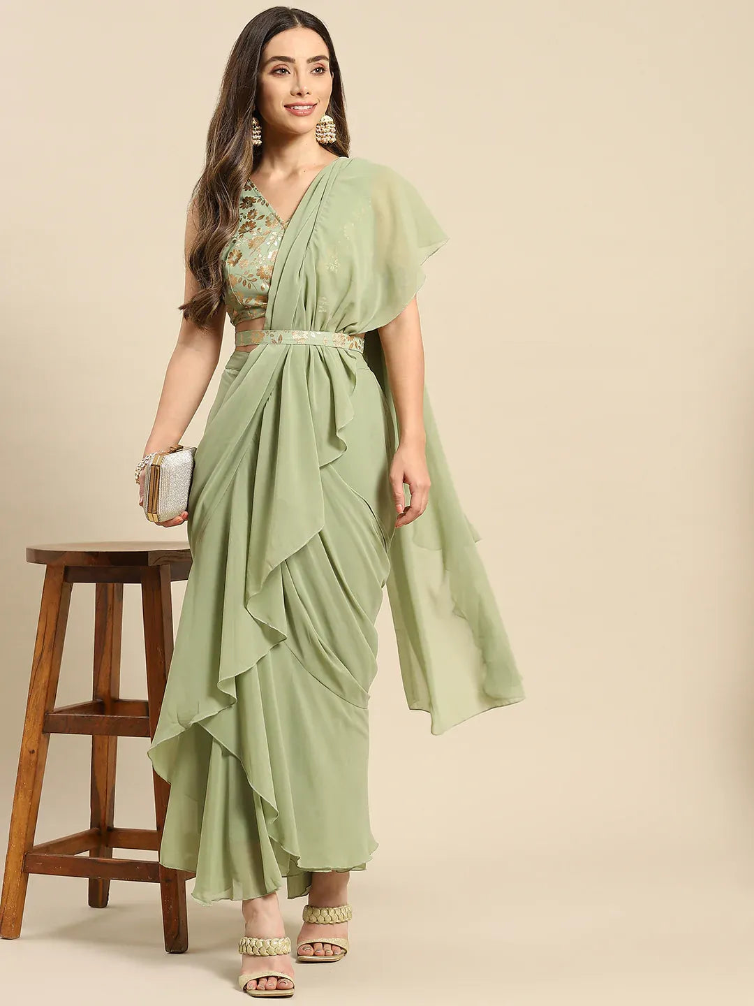 Blouse with prestiched frill Gown with Attached Drape