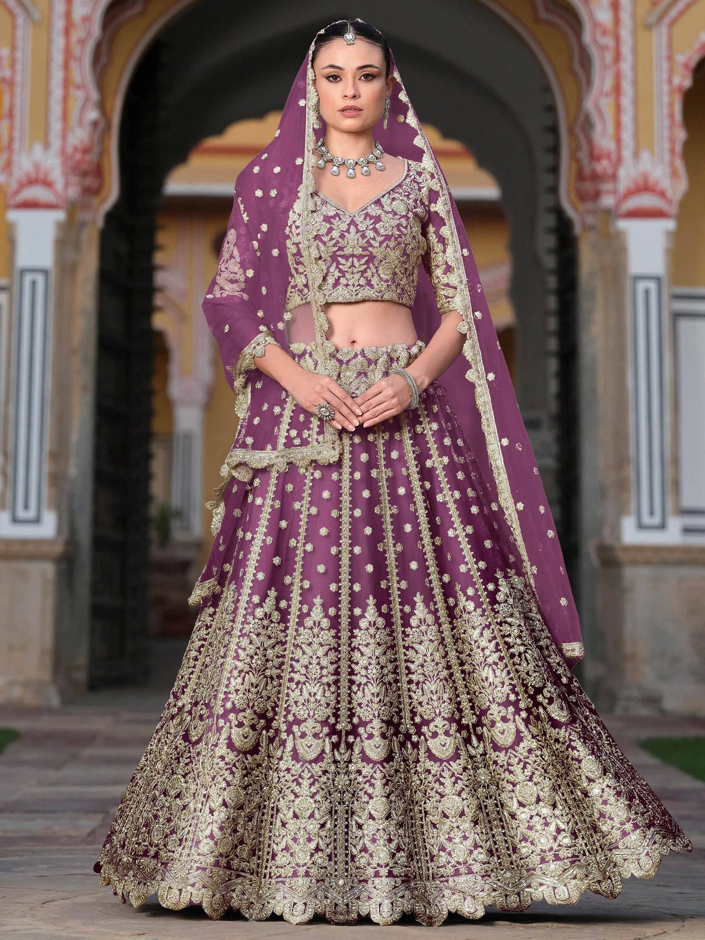 Zari Work Net Bridesmaid Lehenga Choli With Dupatta - Pista Green, Purple, Teal Green