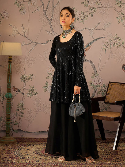 Women Black Sequins Peplum Top With Flared Pants