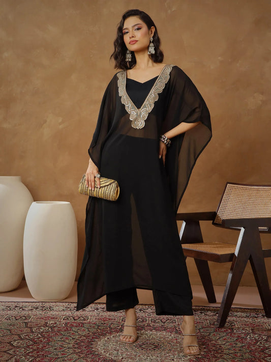 Women Embroidered Kaftan With Cami & Straight Pants