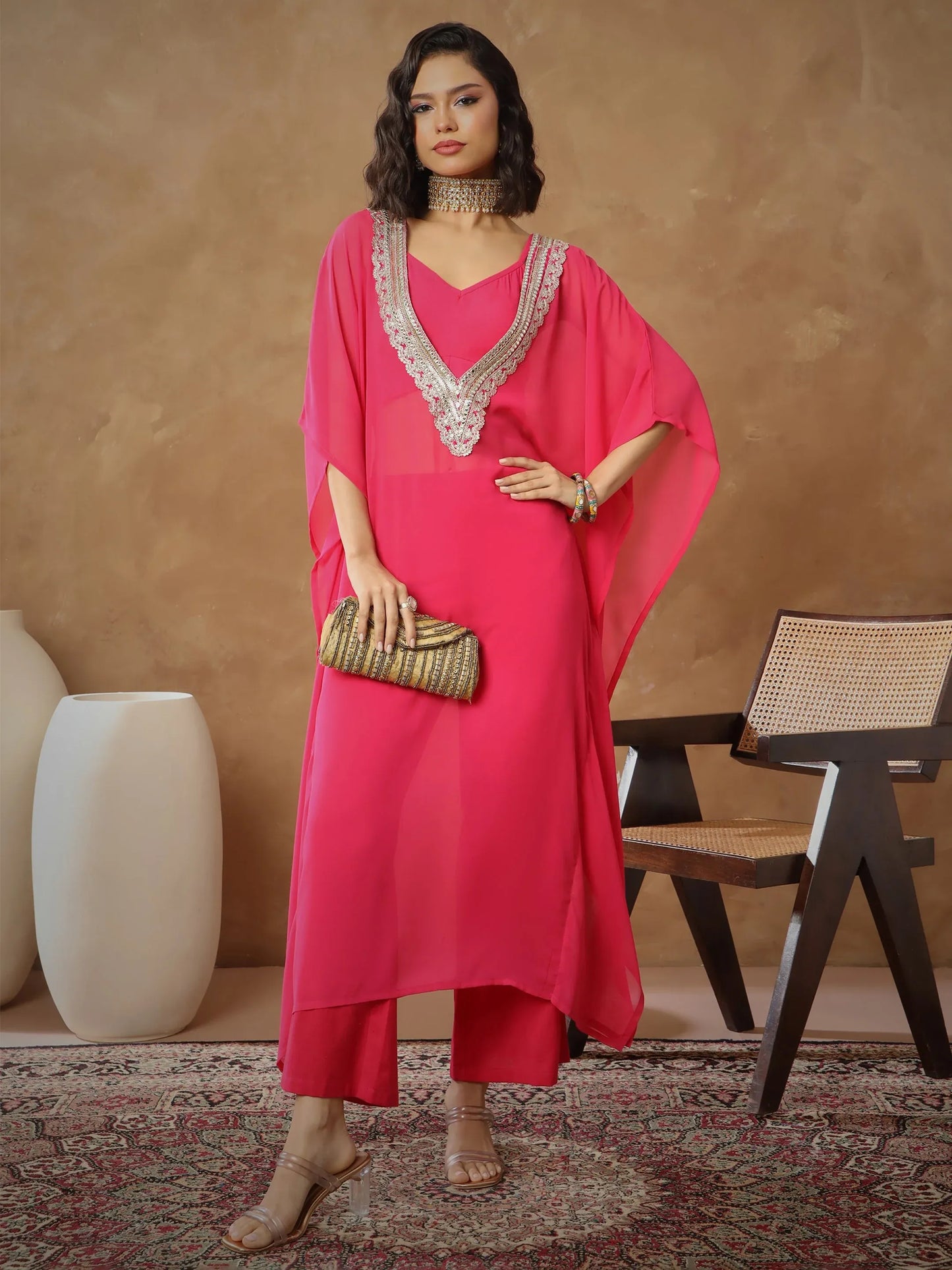 Women Embroidered Kaftan With Cami & Straight Pants