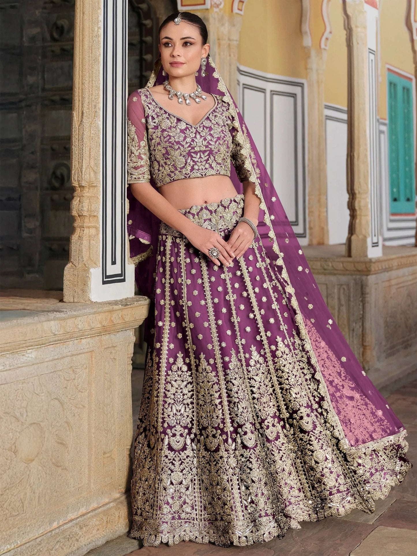 Zari Work Net Bridesmaid Lehenga Choli With Dupatta - Pista Green, Purple, Teal Green
