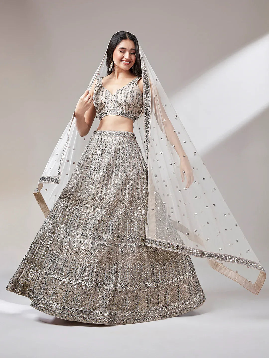 Rose gold and silver net mirror and sequins embroidery semi-stitched lehenga choli with dupatta for women, view 4