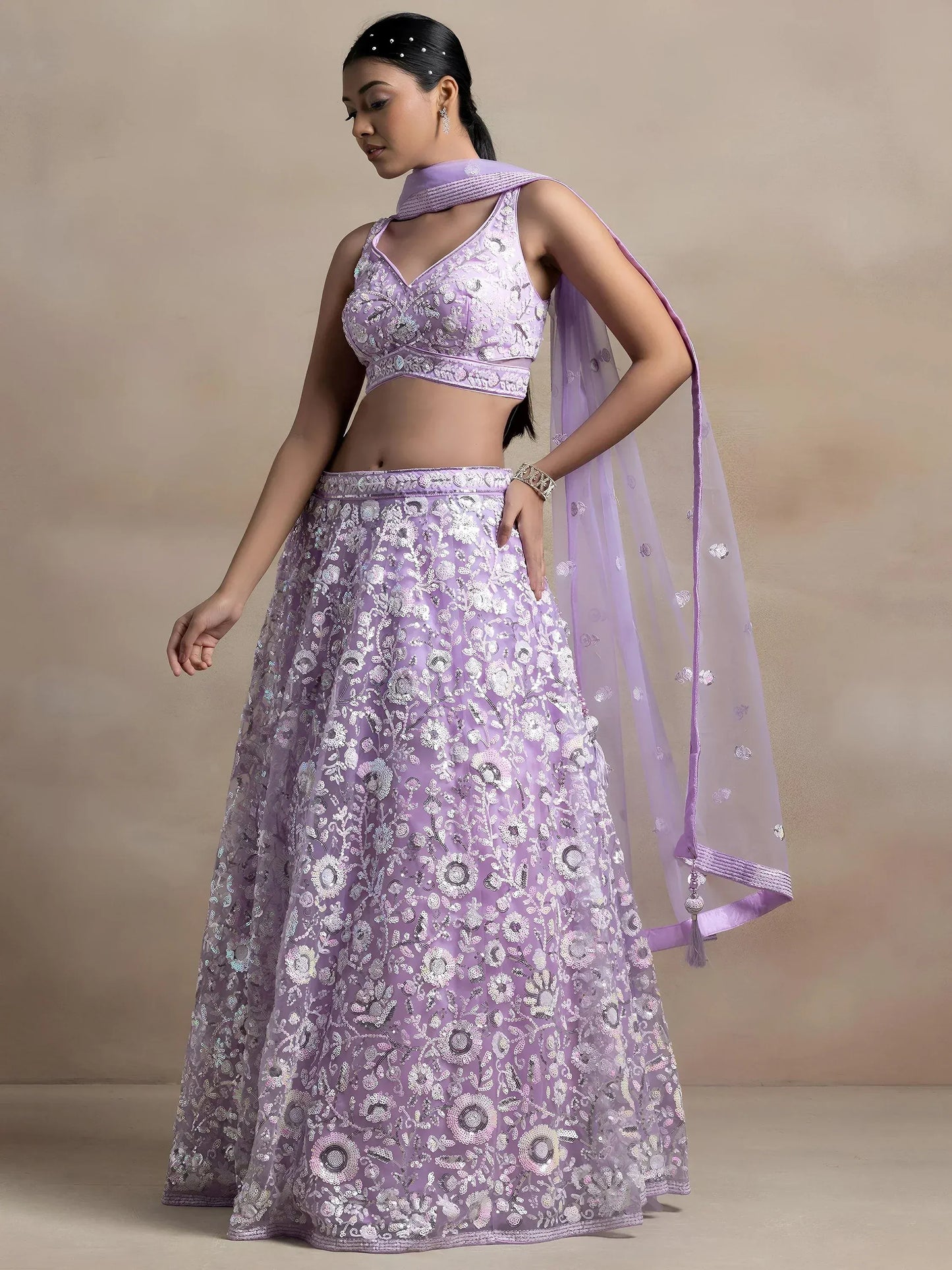 Adorable Lavender Sequins Net Bridesmaid Lehenga Choli With Dupatta