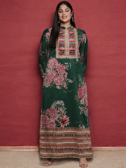 Plus Size Floral Printed Mandarin Collar Sequinned Silk Kurta