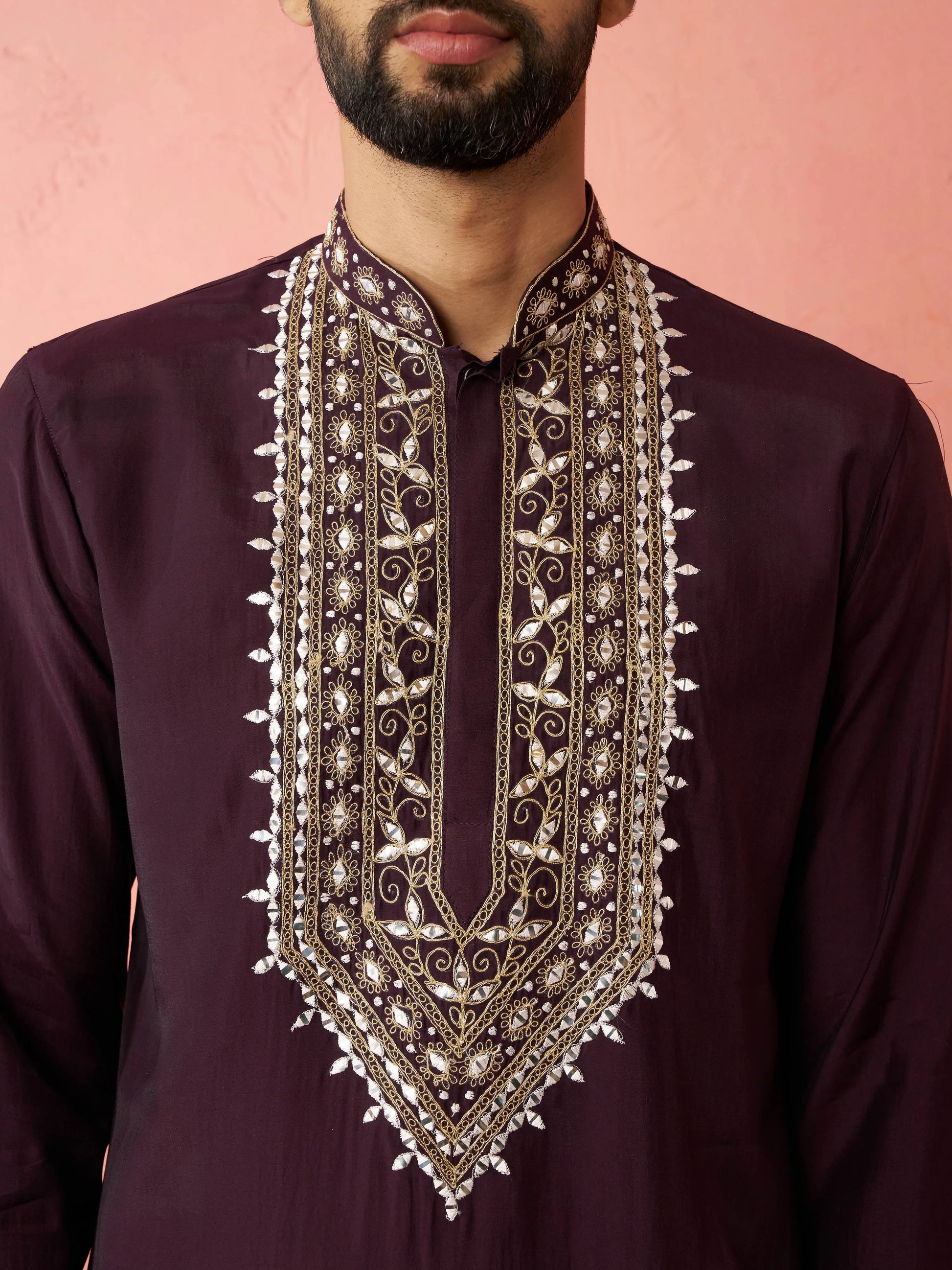 Men's chanderi kurta set with cream pant, view 6