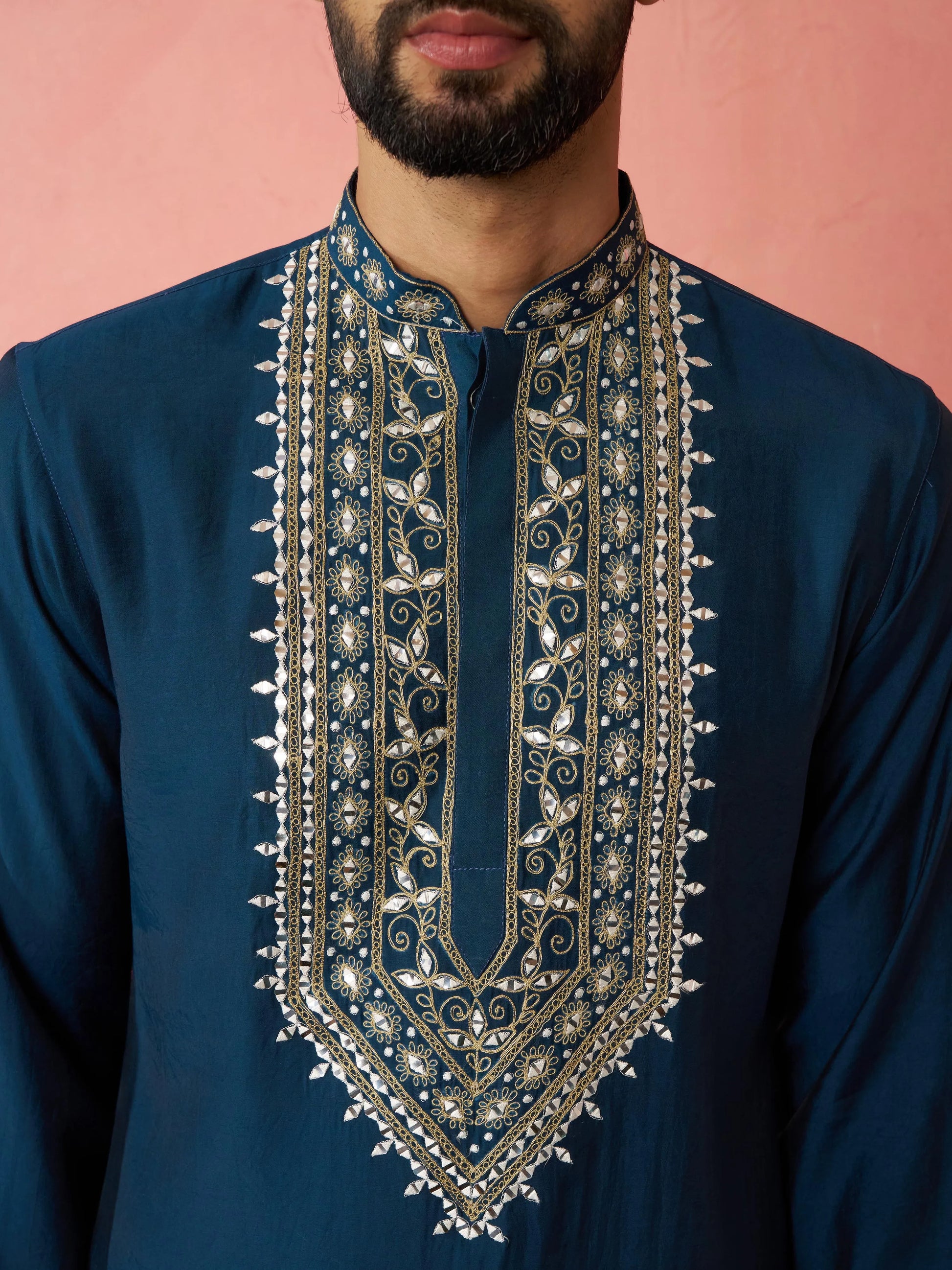 Men's chanderi kurta set with cream pant, view 8