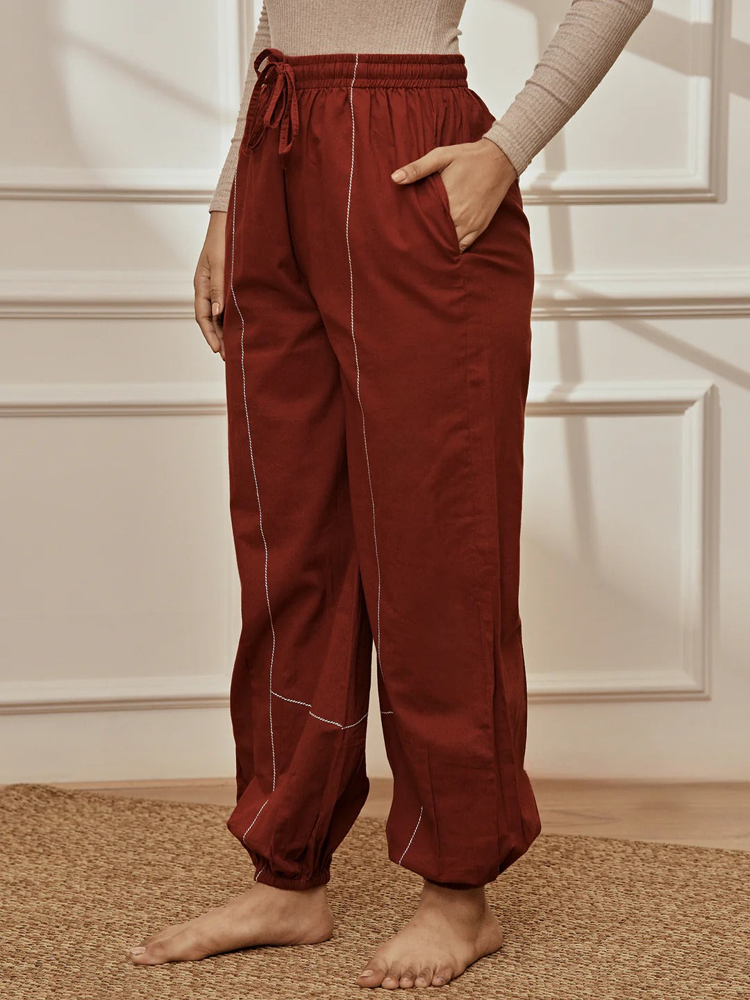 Womens Maroon V-Neck Cambric Crop Top with Joggers Yoga Pants