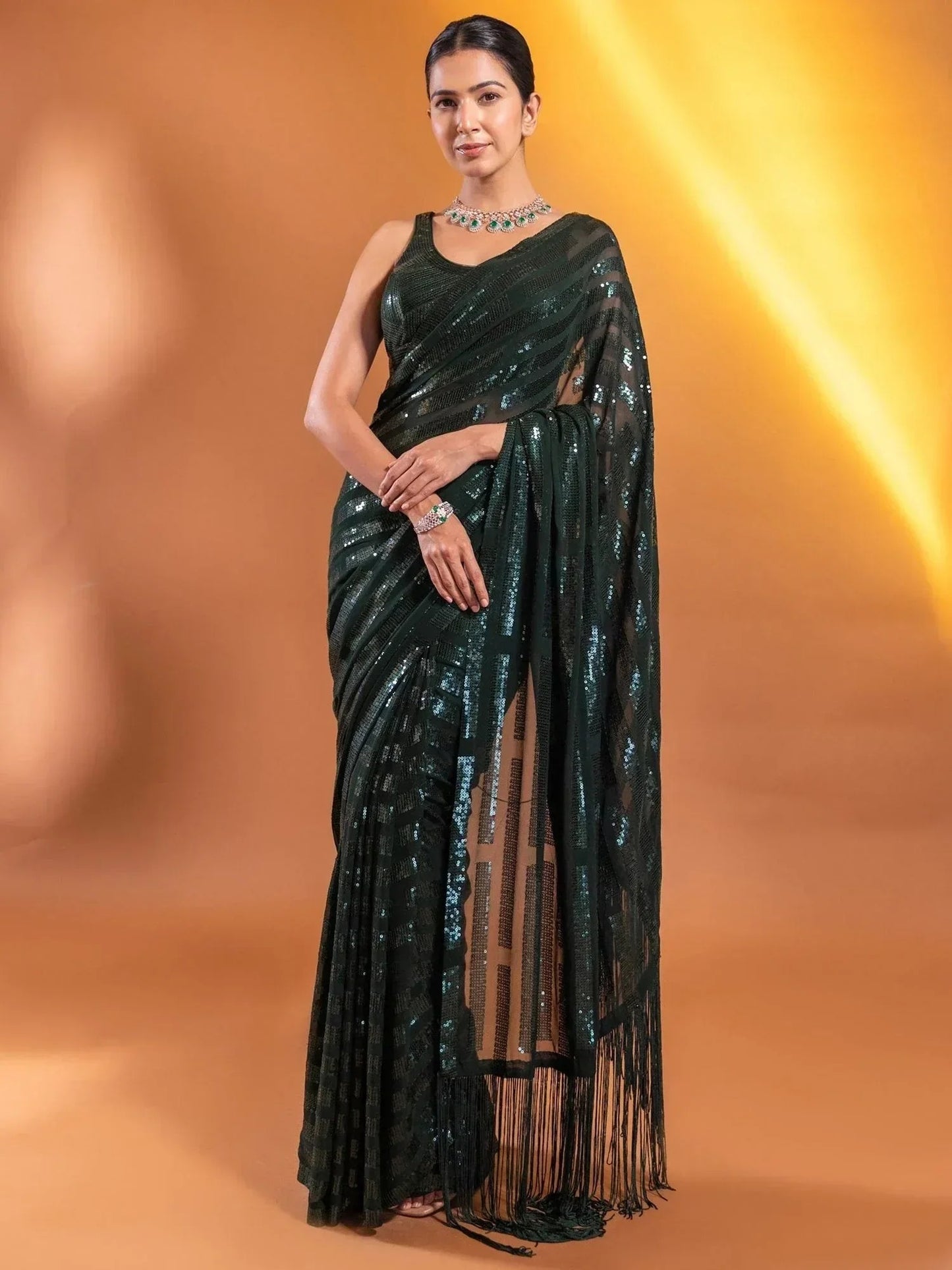 Green Sequins Georgette Party Wear Saree With Blouse
