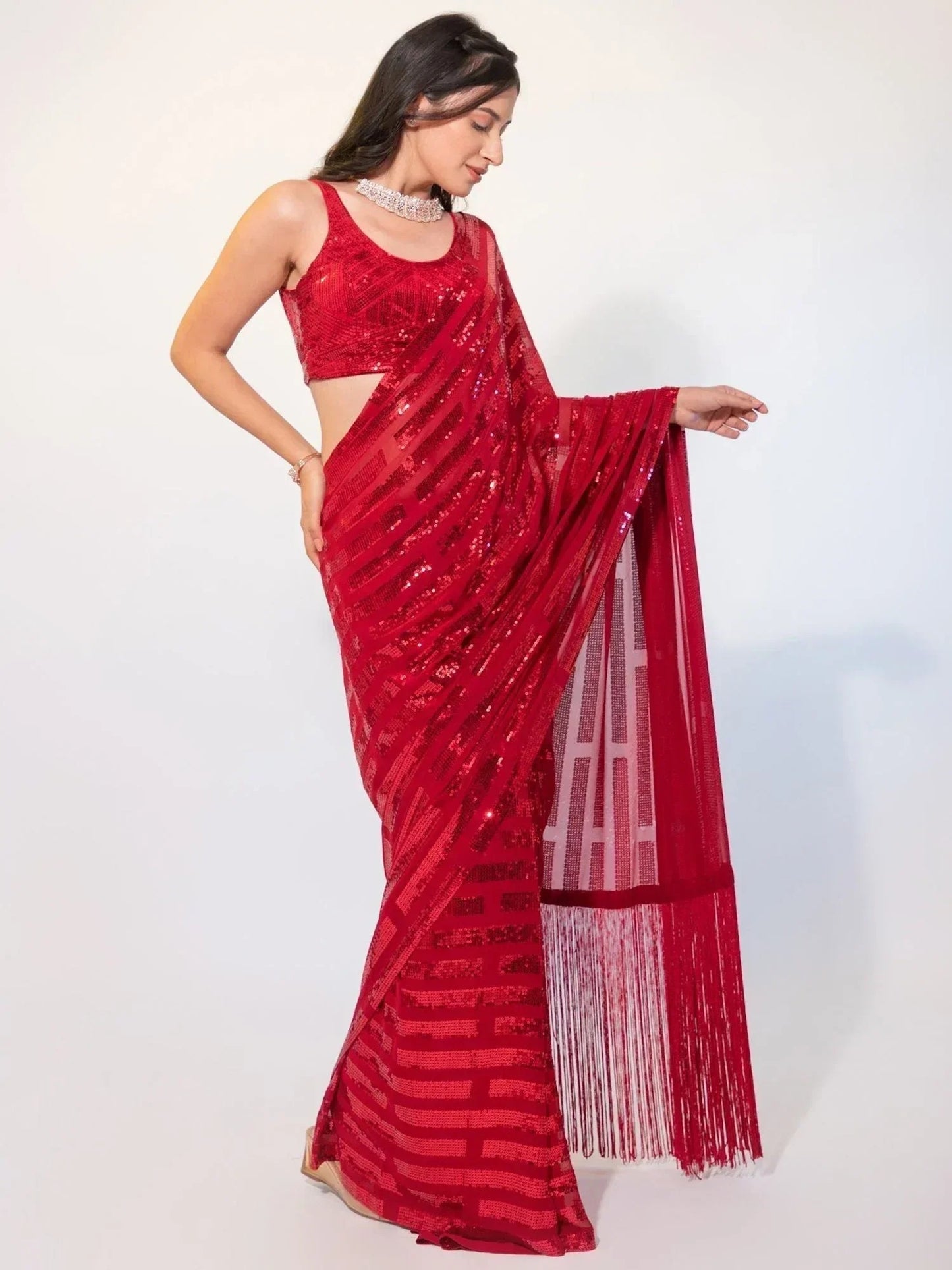 Exquisite Red Sequins Georgette Festival Wear Saree With Blouse