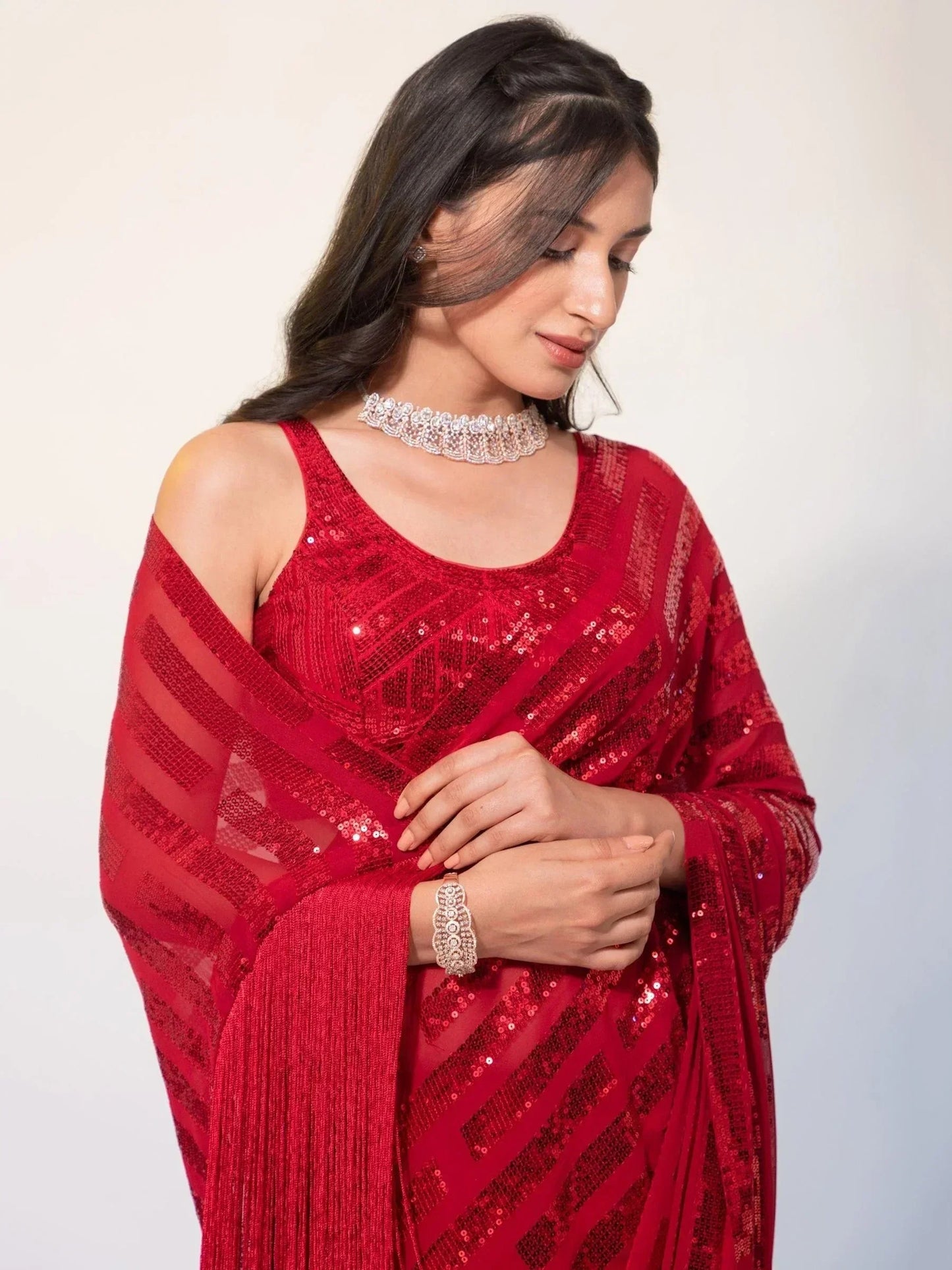 Exquisite Red Sequins Georgette Festival Wear Saree With Blouse