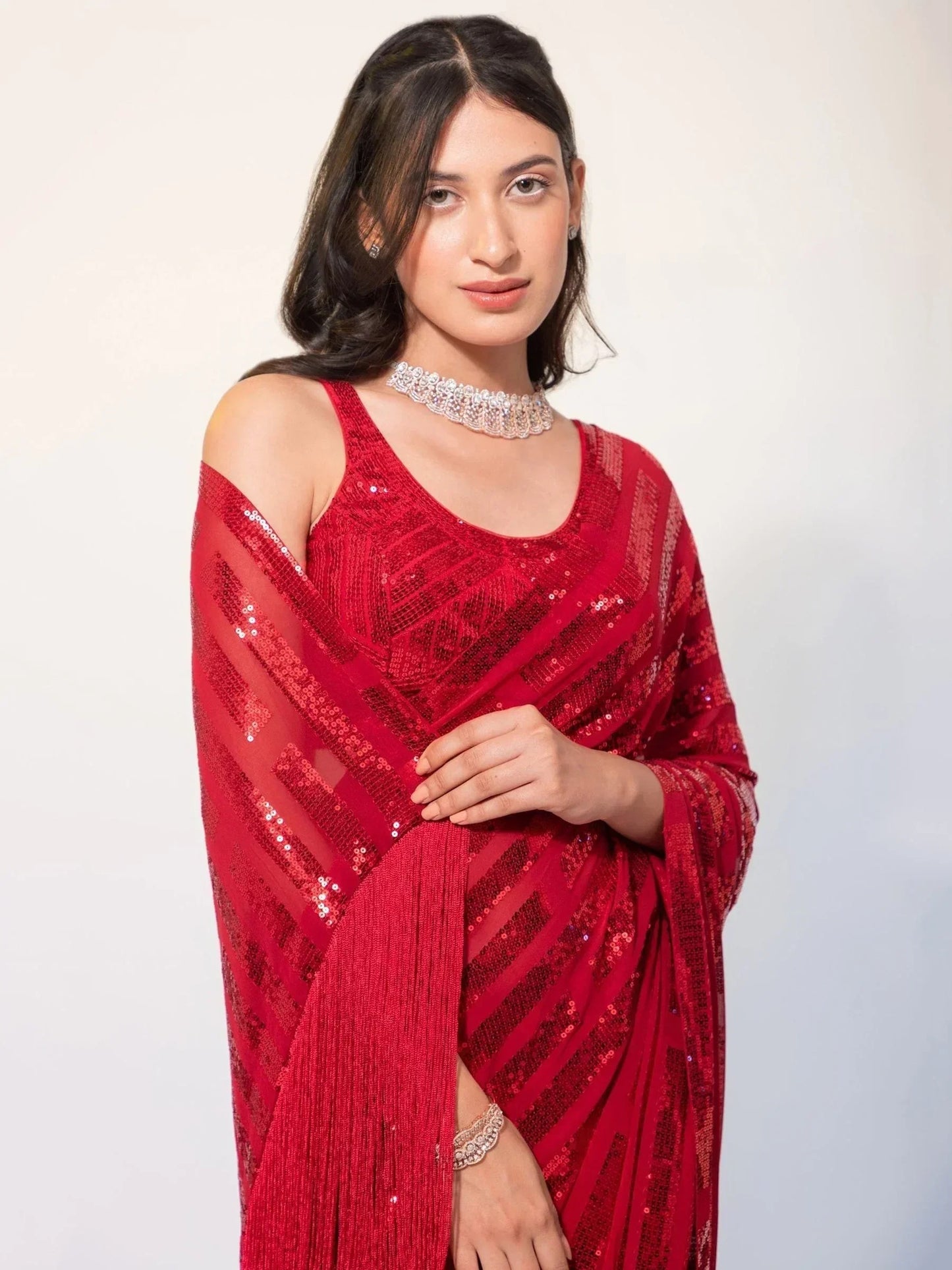 Exquisite Red Sequins Georgette Festival Wear Saree With Blouse