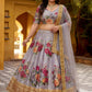 Printed Grey Semi-Stitched Lehenga Unstitched Blouse With Dupatta