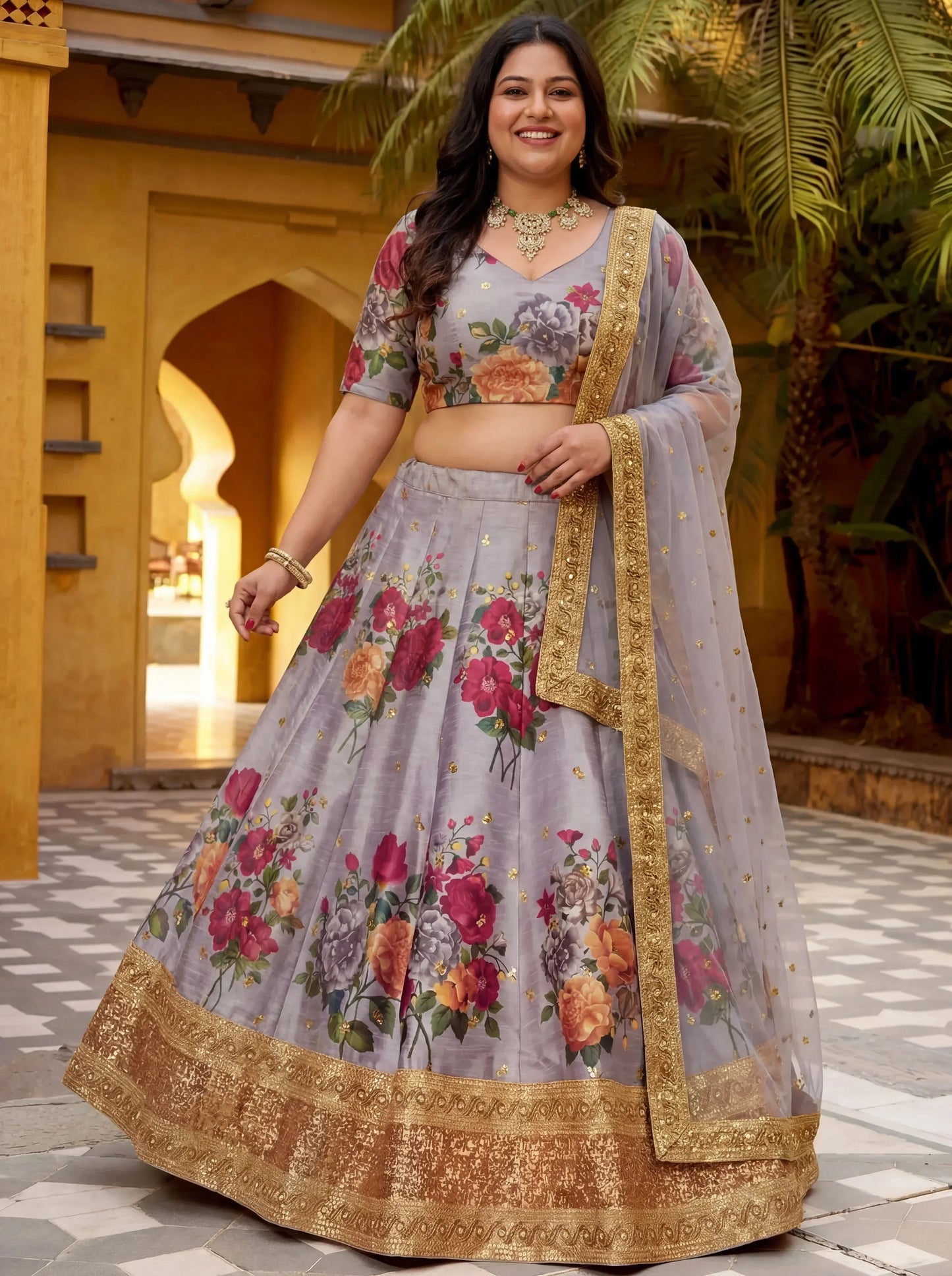 Printed Grey Semi-Stitched Lehenga Unstitched Blouse With Dupatta