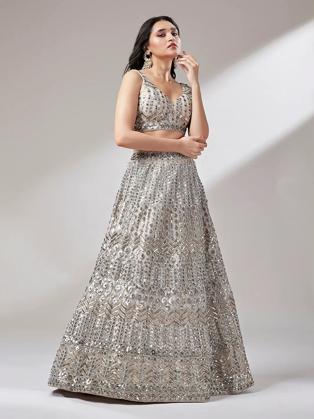 Rose gold and silver net mirror and sequins embroidery semi-stitched lehenga choli with dupatta for women, view 6