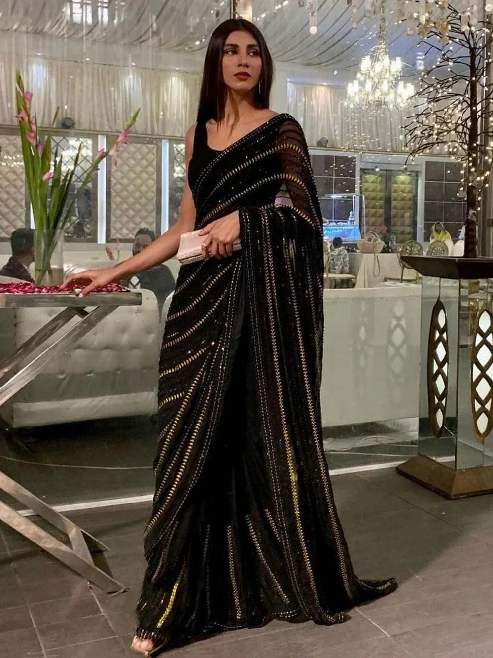 Black Sequined Work Georgette Cocktail Party Saree With Blouse