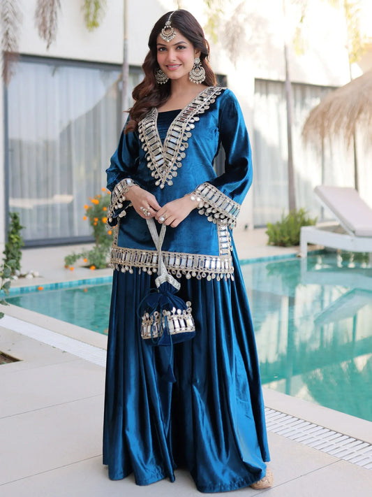 Elegant Teal Blue/Purple Zari Velvet Mirror Work Sharara Set for Women Festive Party Wear