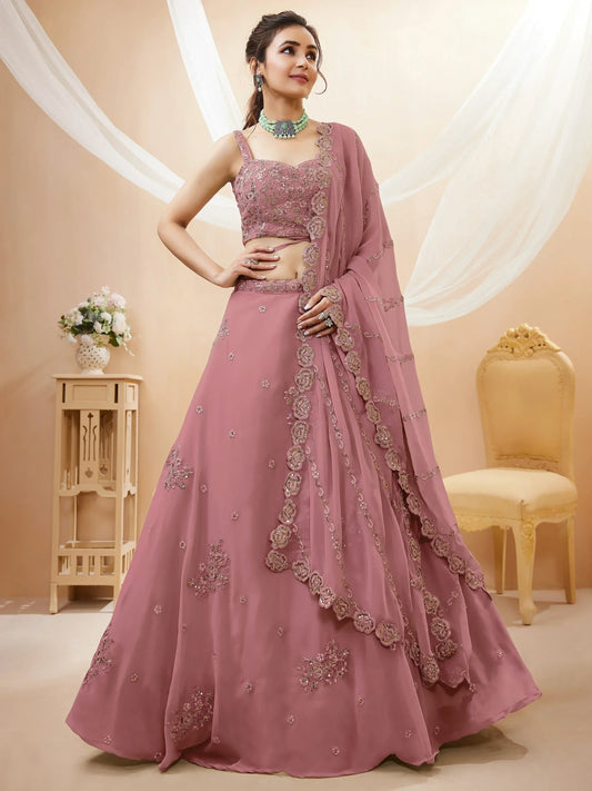 Pink & Silver-Toned Embroidered Sequinned Bridal Lehenga Choli Set With Dupatta