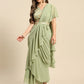 Blouse with prestiched frill Gown with Attached Drape