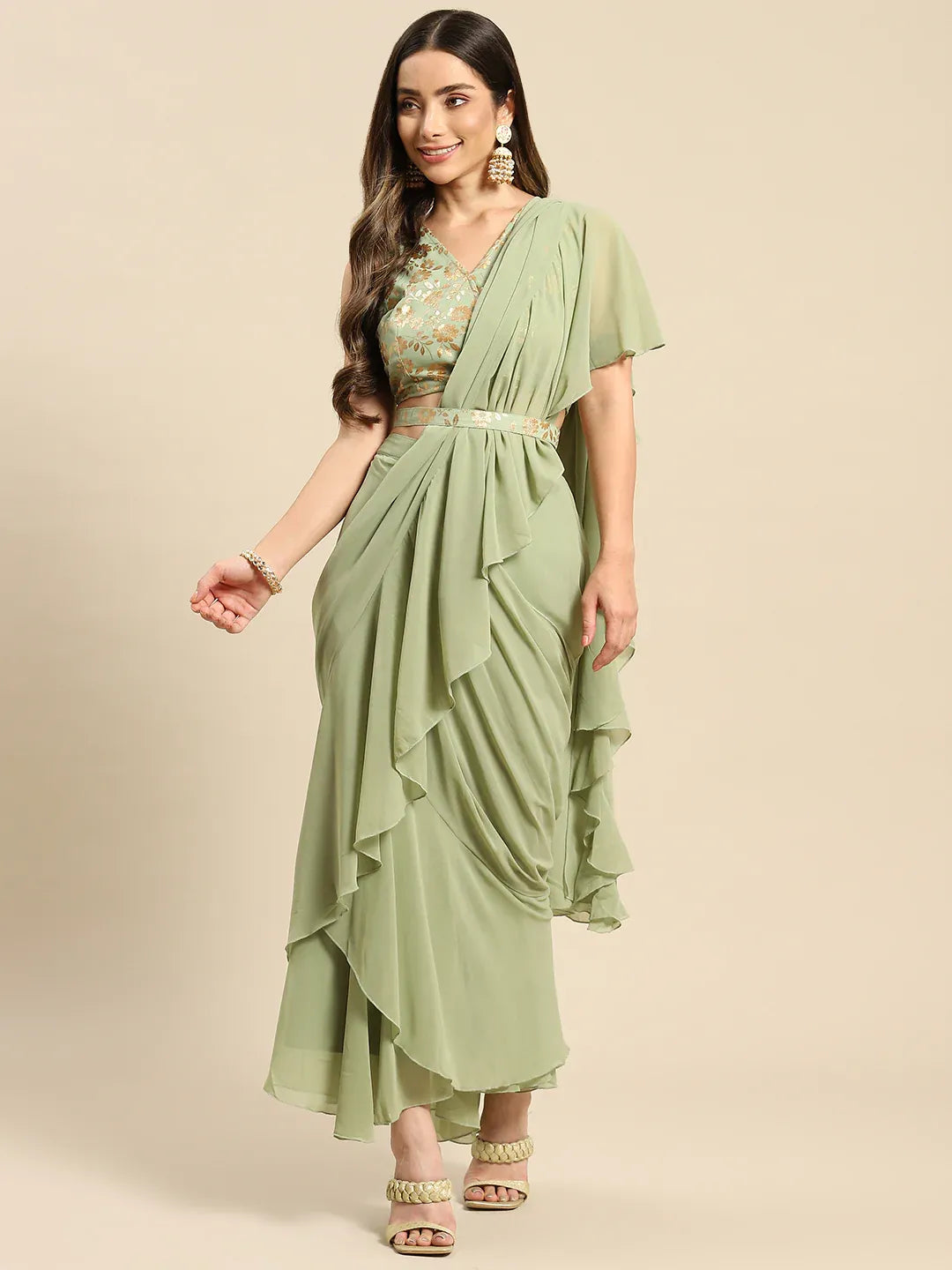 Blouse with prestiched frill Gown with Attached Drape