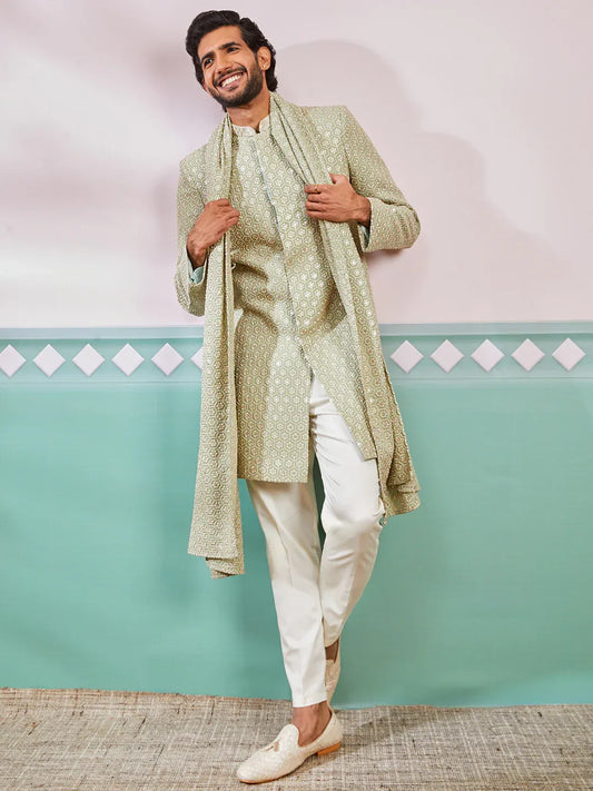 Men's Pista Green Rayon Indo Western, Pyjama & Dupatta Set