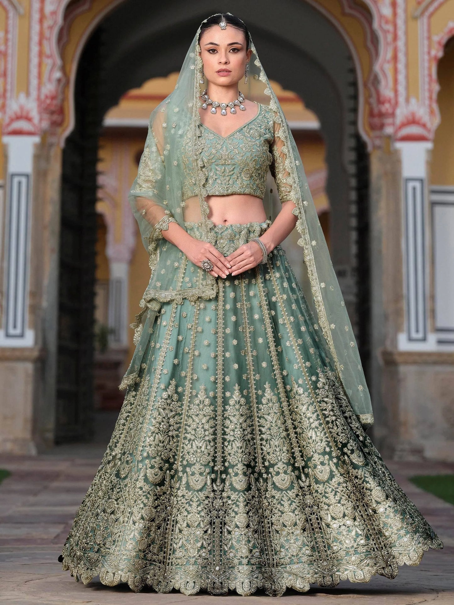 Zari Work Net Bridesmaid Lehenga Choli With Dupatta - Pista Green, Purple, Teal Green