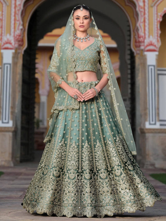 Zari Work Net Bridesmaid Lehenga Choli With Dupatta - Pista Green, Purple, Teal Green