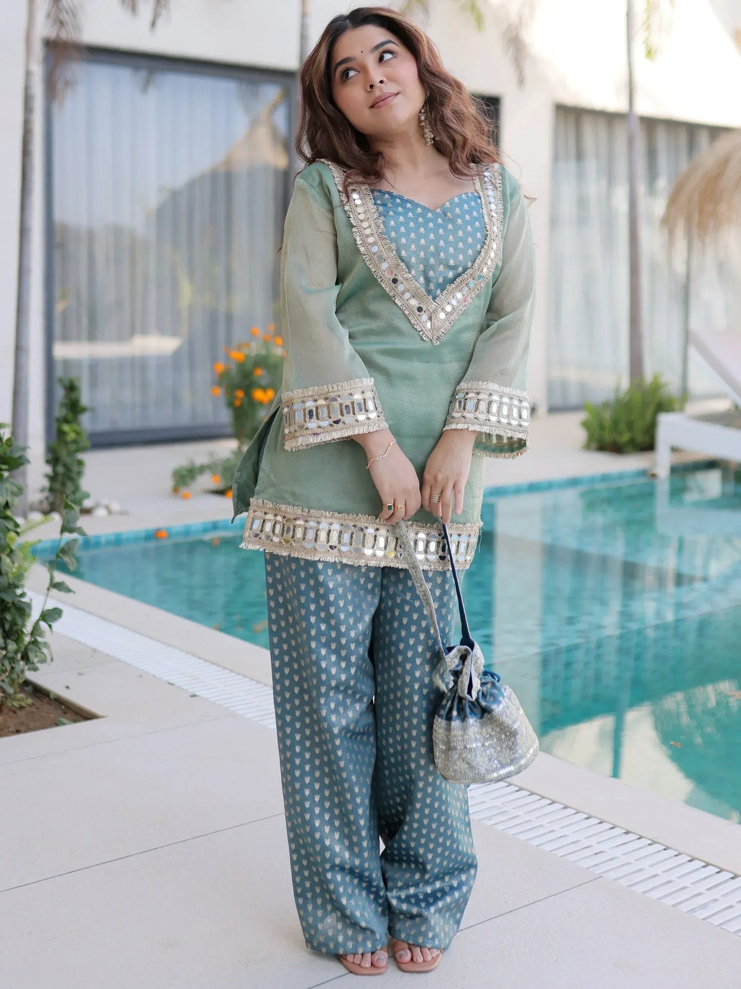 Fabulous Mirror Work Organza Function Wear Top With Palazzo