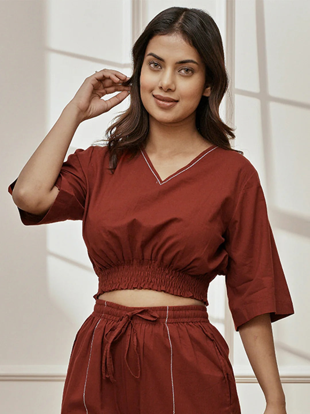 Womens Maroon V-Neck Cambric Crop Top with Joggers Yoga Pants