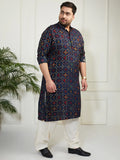 Plus Men's Blue And Cream Cotton Blend Kurta And Patiala Set