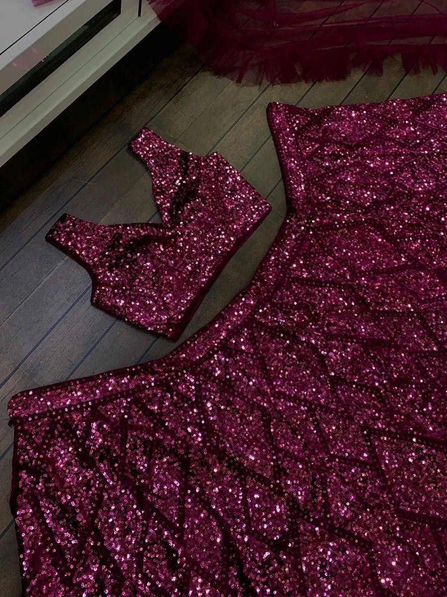 Remarkable Purple Sequins Velvet Party Wear Ruffle Lehenga Choli