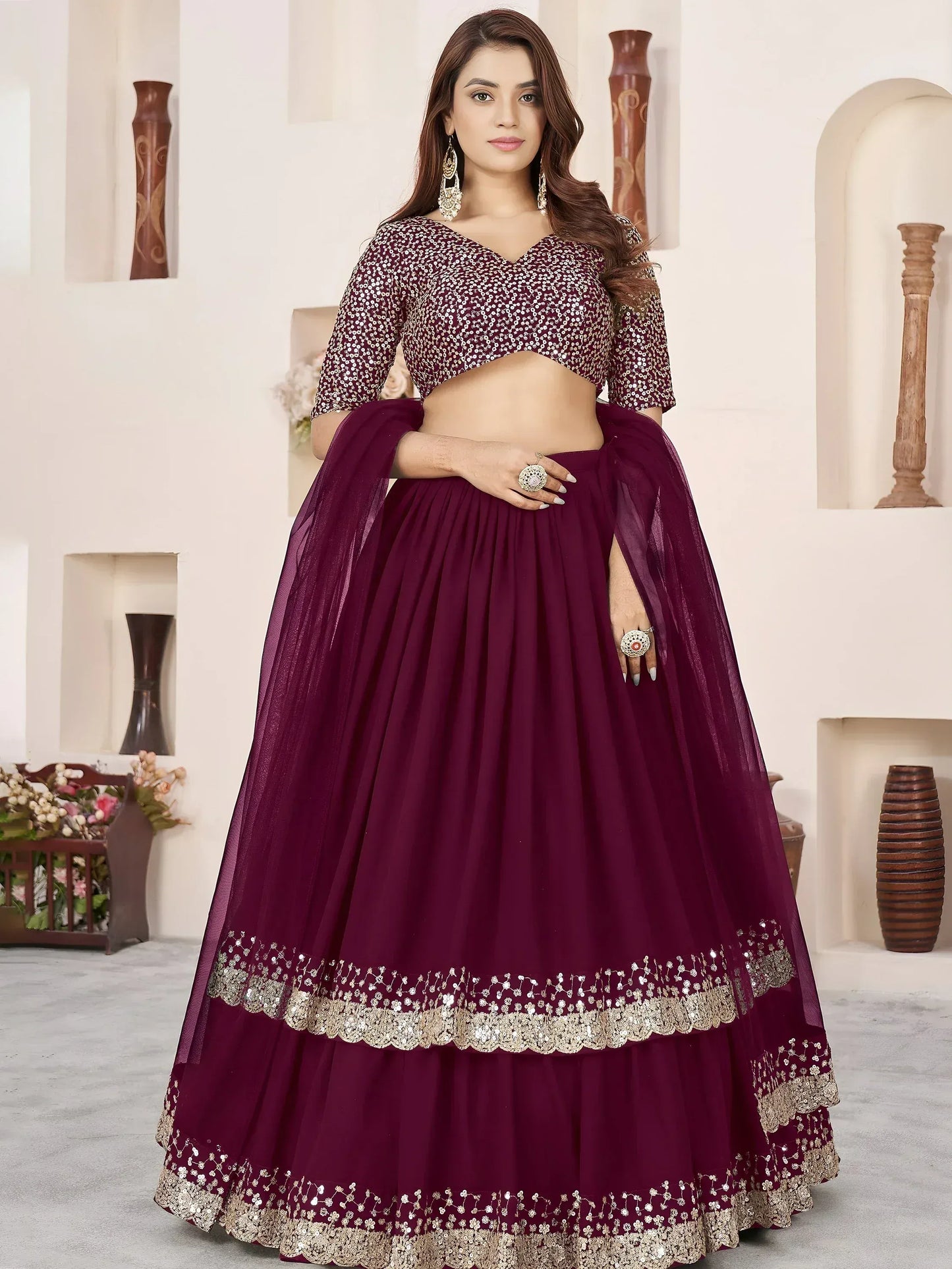 Embellished Sequinned Semi-Stitched Lehenga Choli With Dupatta