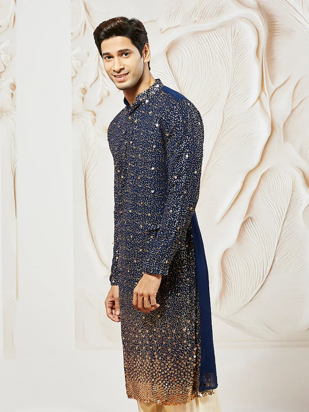 Men's Navy Blue Georgette Zari With Sequins Worked Kurta with Dupatta & Patiala Set