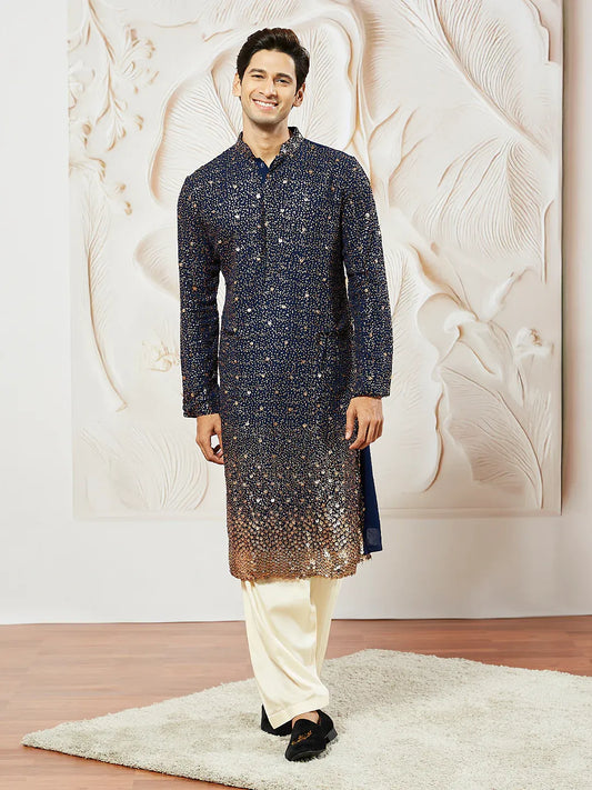 Men's Navy Blue Georgette Zari With Sequins Worked Kurta with Dupatta & Patiala Set