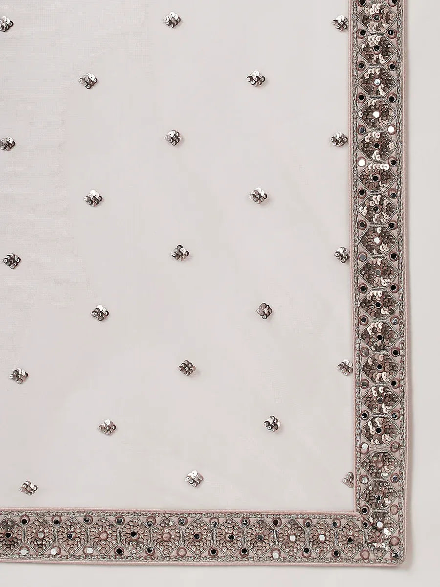 Rose gold and silver net mirror and sequins embroidery semi-stitched lehenga choli with dupatta for women, view 10