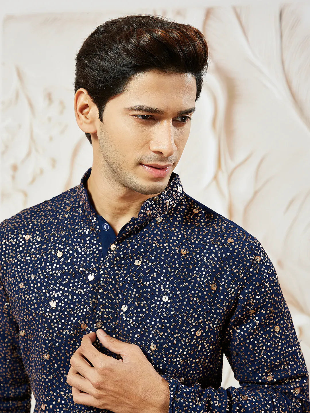 Men's Navy Blue Georgette Zari With Sequins Worked Kurta with Dupatta & Patiala Set